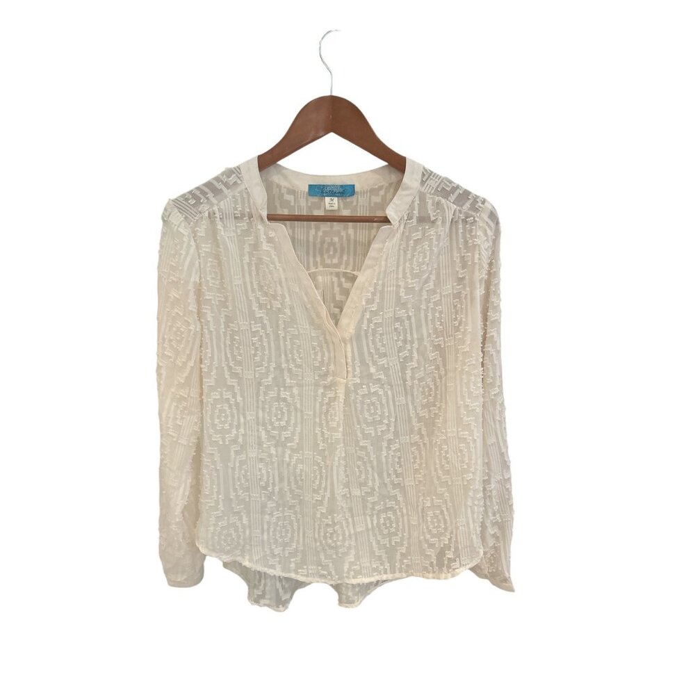 Buttons Womens Sheer Cream Blouse Size M - 100% Polyester Long Sleeve Casual Wea